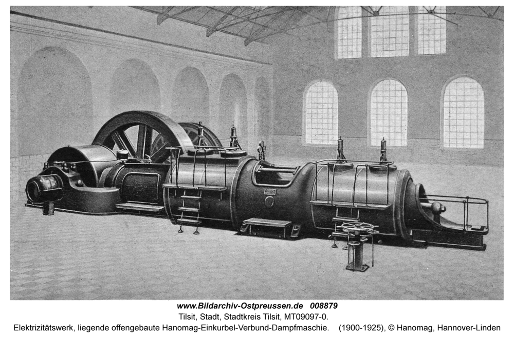 Tilsit, Elektrizitätswerk, liegende offengebaute Hanomag-Einkurbel-Verbund-Dampfmaschie