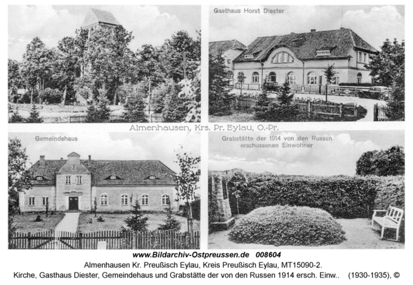 Almenhausen, Kirche, Gasthaus Diester, Gemeindehaus und Grabstätte der von den Russen 1914 ersch. Einw.