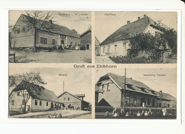 Eichhorn Kr. Preußisch Eylau, Gasthaus Liedtke, Pfarrhaus, Meierei und Besitzung Tiedtke