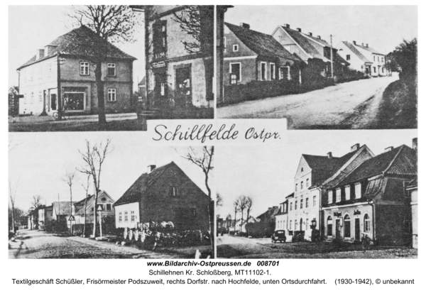 Schillfelde, Textilgeschäft Schüßler, Frisörmeister Podszuweit, rechts Dorfstr. nach Hochfelde, unten Ortsdurchfahrt