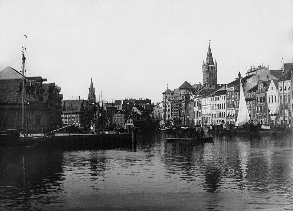 Königsberg, Blick auf den alten Hafen am Hundegatt und drei Königsberger Stadtteile