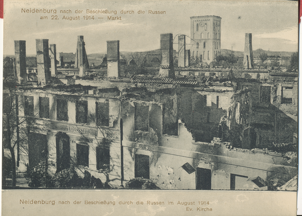 Neidenburg, Stadtbild nach der Beschießung durch die Russen