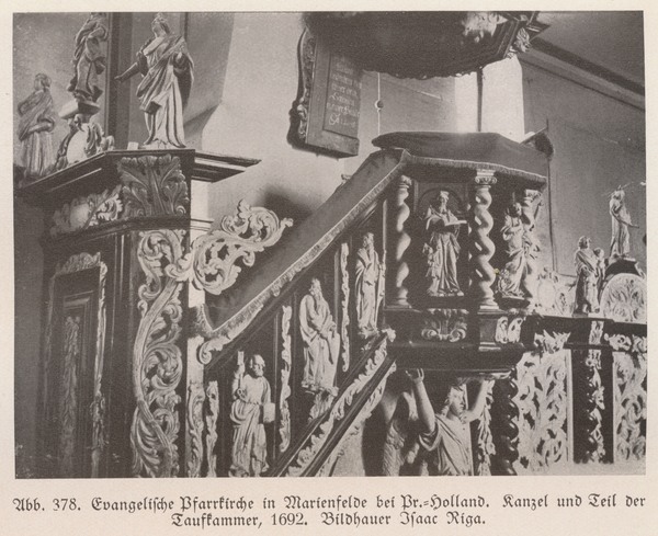 Marienfelde Kr. Preußisch Holland, Ev. Kirche, Barockausstattung: Kanzel und Taufkammer