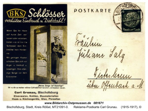 Bischofsburg, Reklame-Postkarte Carl Grunau