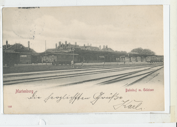 Marienburg i. Westpr., Bahnhof mit Gleisen