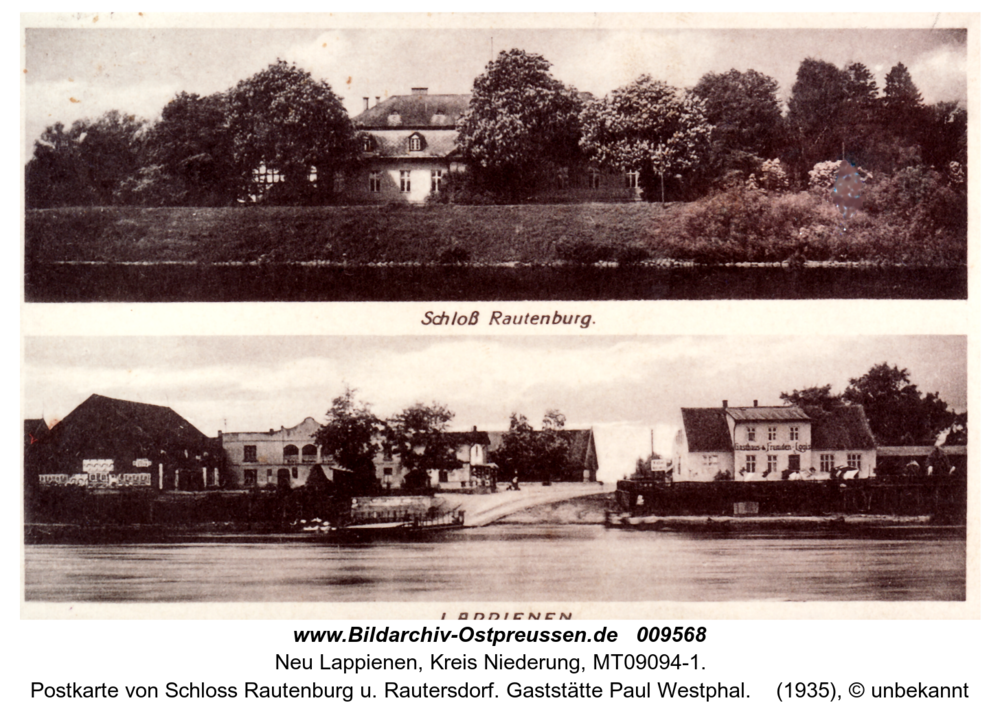 Postkarte von Schloss Rautenburg u. Rautersdorf. Gaststätte Paul Westphal