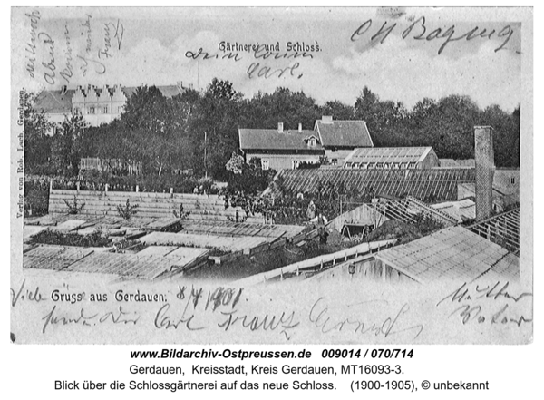 Gerdauen, Blick über die Schlossgärtnerei auf das neue Schloss