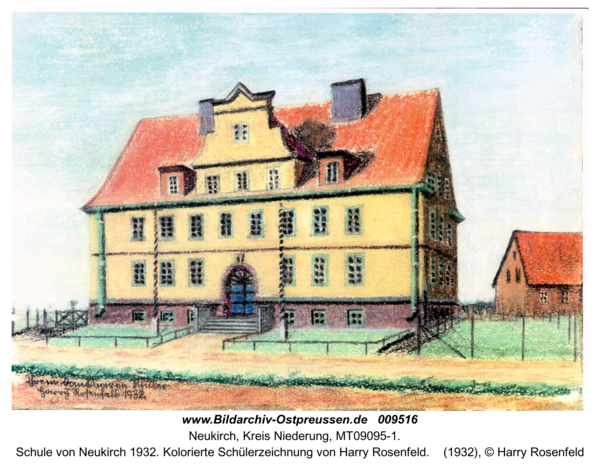 Schule von Neukirch 1932. Kolorierte Schülerzeichnung von Harry Rosenfeld