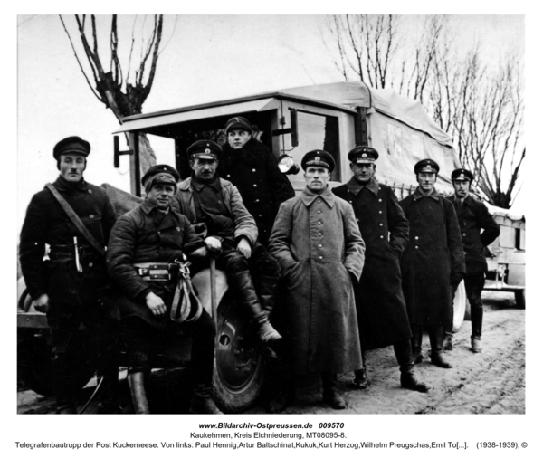 Telegrafenbautrupp der Post Kuckerneese. Von links: Paul Hennig,Artur Baltschinat,Kukuk,Kurt Herzog,Wilhelm Preugschas,Emil Tomuschat,Rosenat,Otto Müller