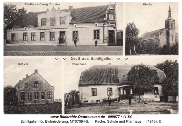 Postkarte Hochdünen mit Gasthaus Georg Brosius, Kirche, Schule und Pfarrhaus