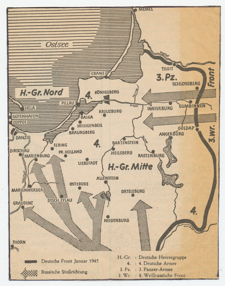 Ostpreußen, Frontverlauf des Vormarsch russischer Truppen 1945