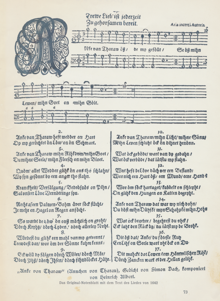 Tharau, Lied "Ännchen von Tharau", Original-Notenblatt mit dem Text von 1642