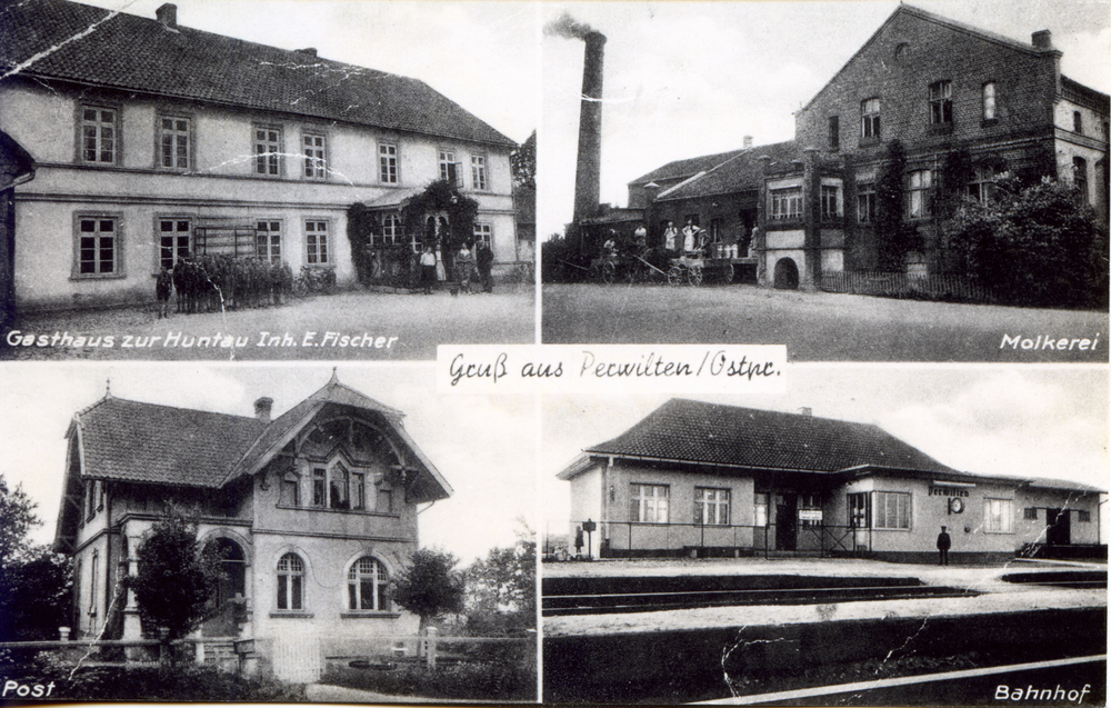 Perwilten Kr. Heiligenbeil, Gasthaus zur Huntau von E. Fischer, Molkerei, Post, Bahnhof