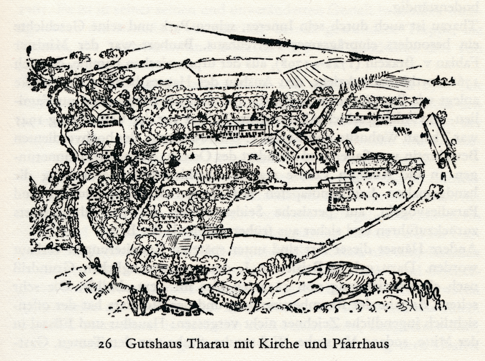 Tharau, Gutshaus Tharau mit Kirche und Pfarrhaus