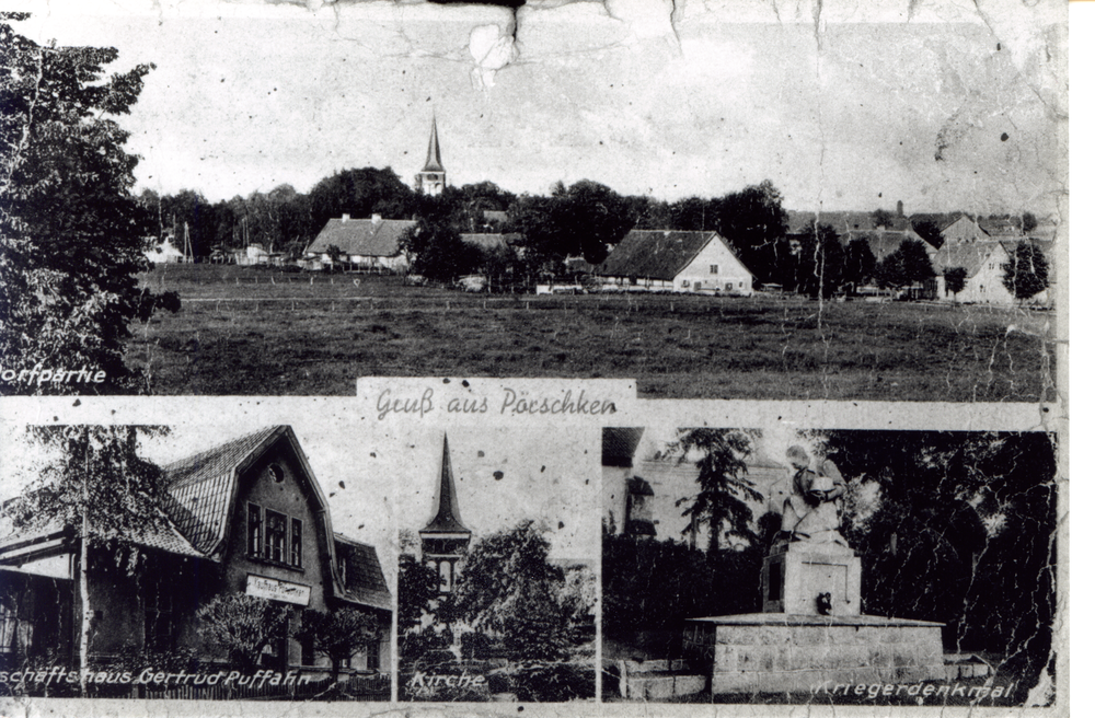 Pörschken Kr. Heiligenbeil, Ortsansicht, Geschäftshaus Gertrud Puffahn, Ev. Kirche, Kriegerdenkmal