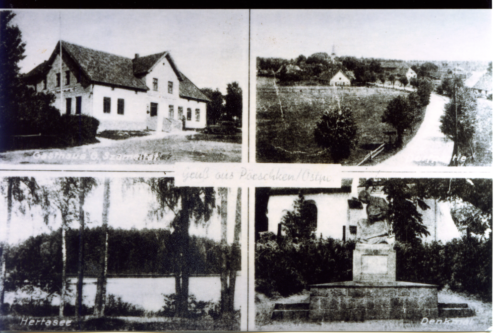 Pörschken Kr. Heiligenbeil, Gasthaus, Ortsansicht, Hertasee, Kriegerdenkmal