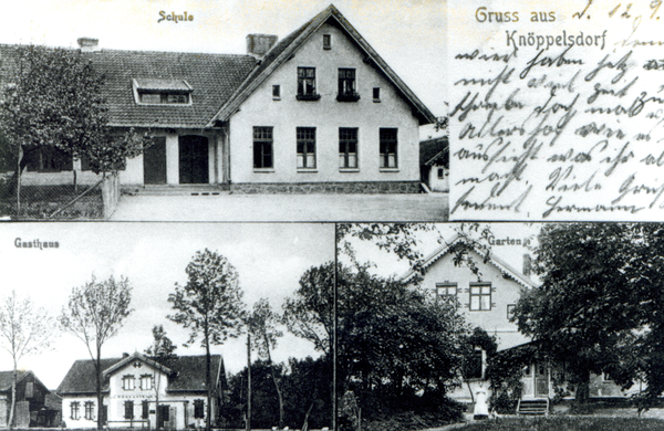 Knöppelsdorf, Postkarte, Schule, Gasthaus und seinem Garten
