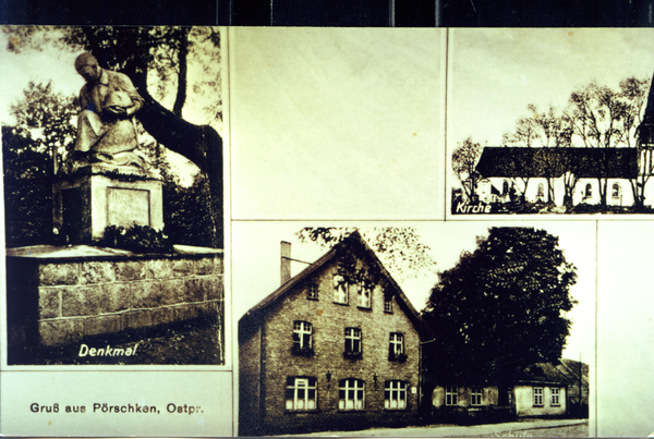 Pörschken Kr. Heiligenbeil, Ev. Kirche, Schule, Kriegerdenkmal