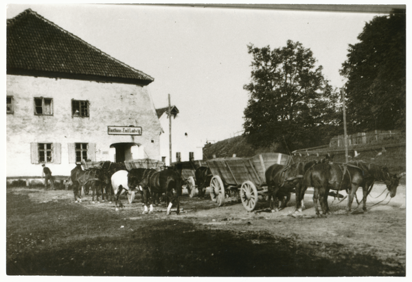 Tharau, Gasthaus zum goldenen Kürbis mit Pferdefuhrwerken