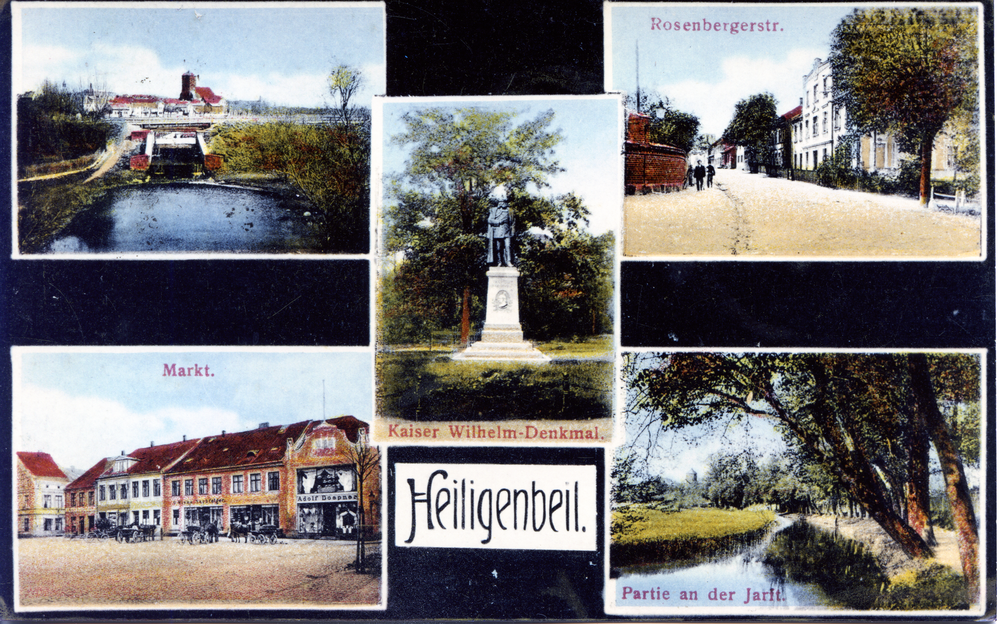 Heiligenbeil, Kaiser-Wilhelm-Denkmal, Wasserfall, Rosenberger Straße, Markt, Partie an der Jarft