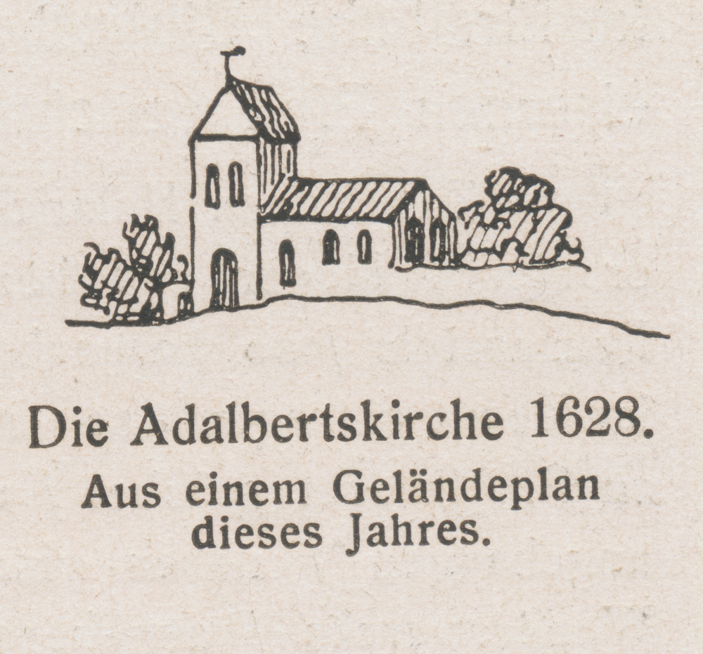 Tenkitten, Die Adalbertskirche 1628 aus einem Geländeplan diesen Jahres (Skizze)