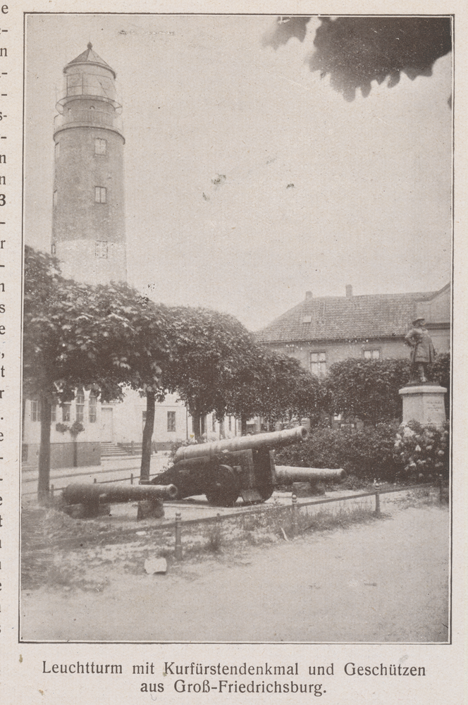 Pillau, Stadt, Leuchtturm mit Kurfürstendenkmal und Geschützen aus Groß-Friedrichsburg
