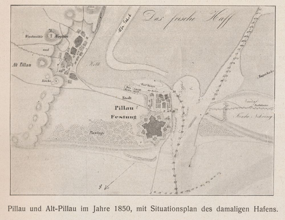 Pillau, Stadt, Plan Pillau und Alt-Pillau im Jahre 1850, mit Situationsplan des Hafen