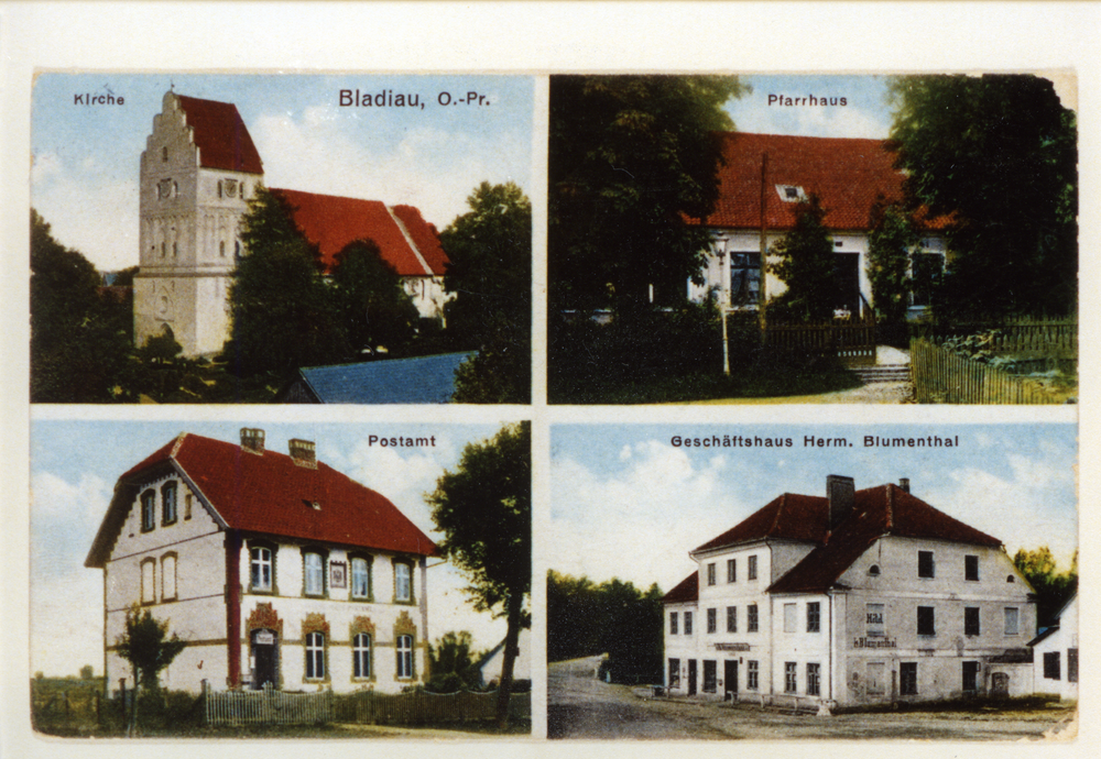 Bladiau, Ev. Kirche, Pfarrhaus, Postamt, Geschäftshaus Herm. Blumenthal