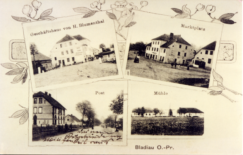 Bladiau, Geschäftshaus H. Blumenthal, Marktplatz, Post, Mühle