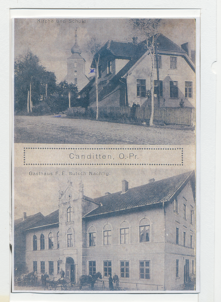 Kanditten, Ev. Kirche und Schule, Gasthaus F. E. Butsch Nachflg.