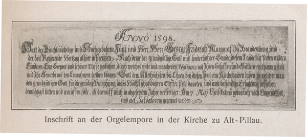 Alt Pillau, Inschrift an der Orgelempore in der Kirche von 1598