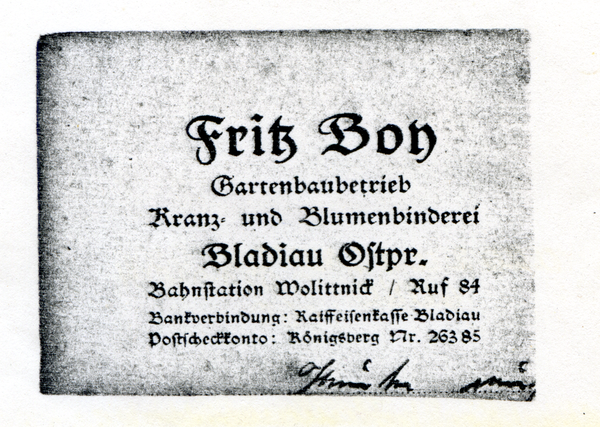 Bladiau, Firmenanschrift der Gärtnerei Boy