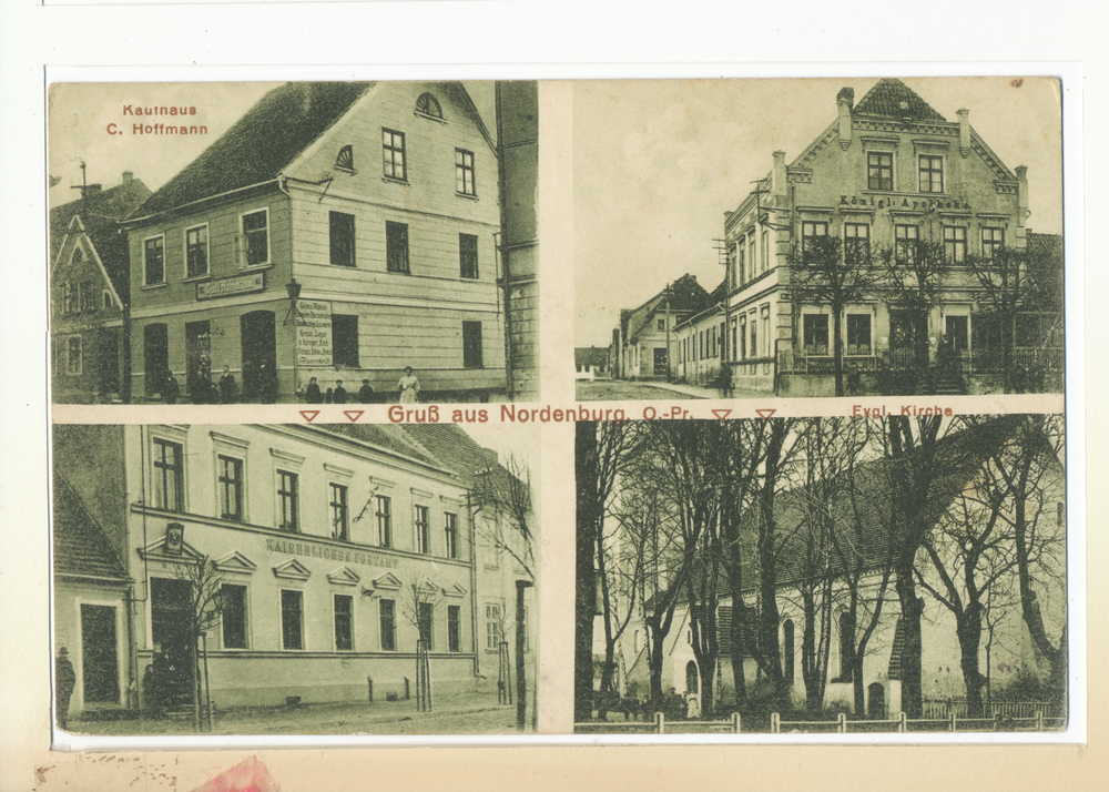 Nordenburg, Kaufhaus, Königl. Apotheke, Kaiserl. Postamt, Kirche